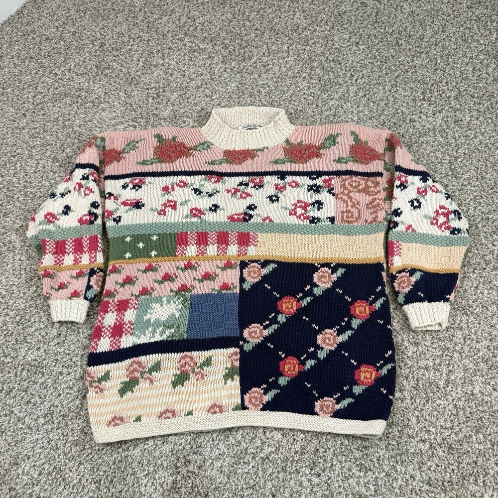 Vintage Tiara International Hand Knit Sweater Womens Medium Patchwork Grandma